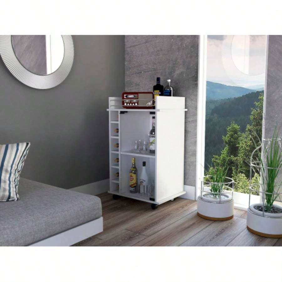 Dukat Bar Cart, Two Shelves, Six Built - in Wine Rack, Four Casters - White