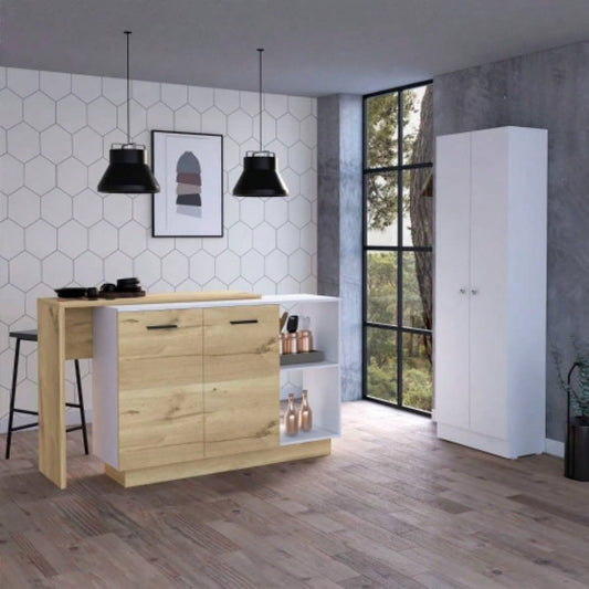 White and Light Oak 4 - Door 2 - piece Kitchen Set, Kitchen Island and Pantry Cabinet