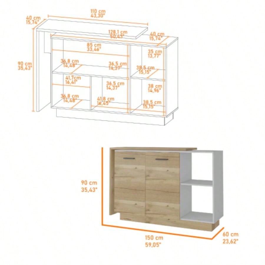 White and Light Oak 4 - Door 2 - piece Kitchen Set, Kitchen Island and Pantry Cabinet