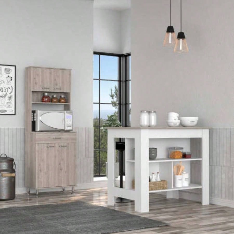 Newton 8 - Shelf 1 - Drawer 2 - piece Kitchen Set, Kitchen Island and Pantry Cabinet White and Light Gray