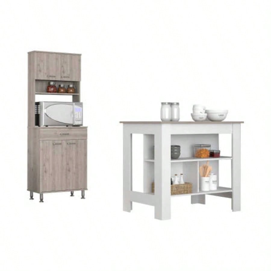 Newton 8 - Shelf 1 - Drawer 2 - piece Kitchen Set, Kitchen Island and Pantry Cabinet White and Light Gray
