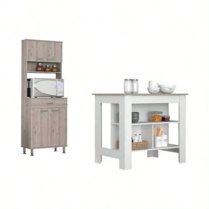 Newton 8 - Shelf 1 - Drawer 2 - piece Kitchen Set, Kitchen Island and Pantry Cabinet White and Light Gray