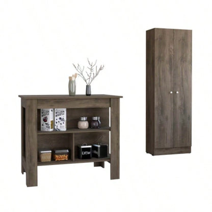 Roblar 8 - Shelf 2 - Door 2 - piece Kitchen Set, Kitchen Island and Pantry Cabinet Dark Brownand Onyx
