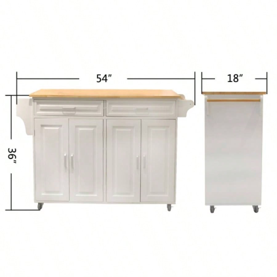 Kitchen Island Kitchen Cart, Mobile Kitchen Island, Rubber Wood Top, Big Adjustable Shelf Inside Cabinet Different Utensils, Luxury Design Fits Party at Different Site.