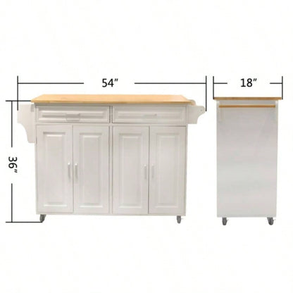 Kitchen Island Kitchen Cart, Mobile Kitchen Island, Rubber Wood Top, Big Adjustable Shelf Inside Cabinet Different Utensils, Luxury Design Fits Party at Different Site.