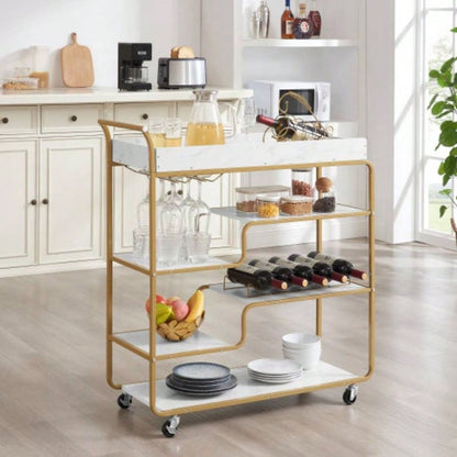 6 - Tier Bar Cart, Slide Bar Serving Cart, Retro Style Wine Cart Kitchen, Beverage Cart with Wine Rack and Glass Holder, Rolling Drink Trolley Living Room, Dining Room