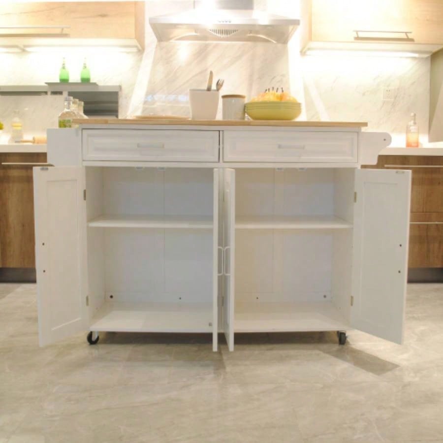 Kitchen Island Kitchen Cart, Mobile Kitchen Island, Rubber Wood Top, Big Adjustable Shelf Inside Cabinet Different Utensils, Luxury Design Fits Party at Different Site.