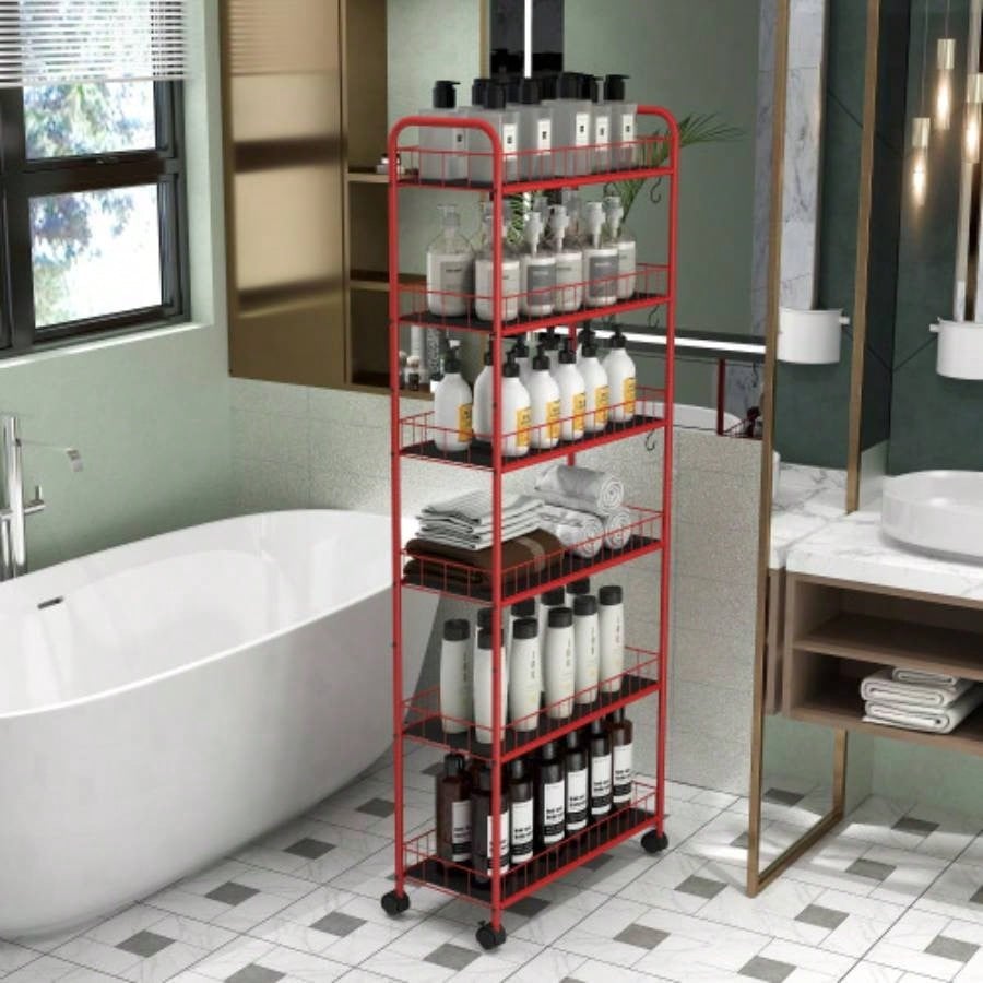 Red 6 Tier Slim Rolling Storage Cart, Mobile Shelving Unit with Wheels, Metal Wire Storage Shelving Rack with Baskets Kitchen Bathroom Office Laundry Narrow Piaces