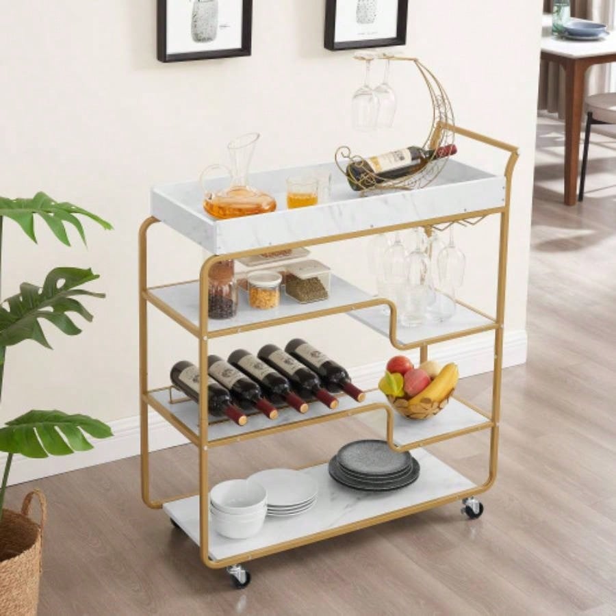 6 - Tier Bar Cart, Slide Bar Serving Cart, Retro Style Wine Cart Kitchen, Beverage Cart with Wine Rack and Glass Holder, Rolling Drink Trolley Living Room, Dining Room