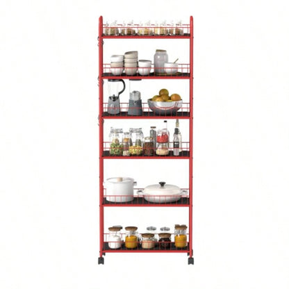 Red 6 Tier Slim Rolling Storage Cart, Mobile Shelving Unit with Wheels, Metal Wire Storage Shelving Rack with Baskets Kitchen Bathroom Office Laundry Narrow Piaces