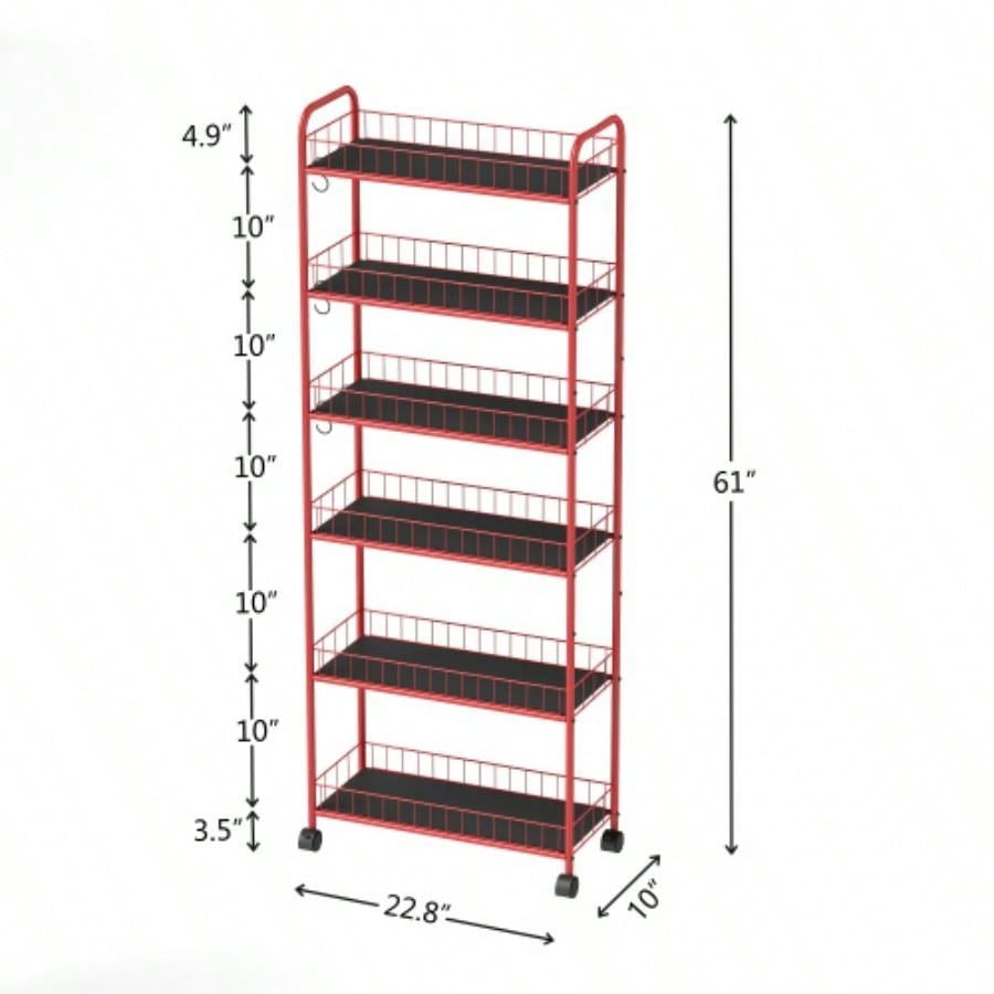 Red 6 Tier Slim Rolling Storage Cart, Mobile Shelving Unit with Wheels, Metal Wire Storage Shelving Rack with Baskets Kitchen Bathroom Office Laundry Narrow Piaces