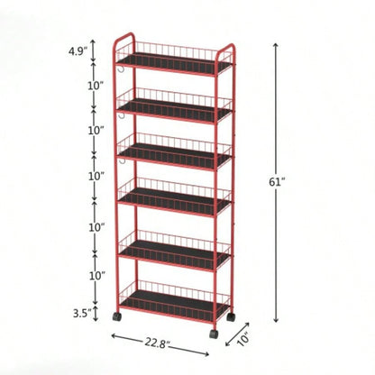 Red 6 Tier Slim Rolling Storage Cart, Mobile Shelving Unit with Wheels, Metal Wire Storage Shelving Rack with Baskets Kitchen Bathroom Office Laundry Narrow Piaces