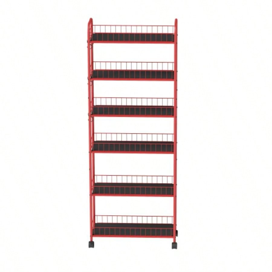Red 6 Tier Slim Rolling Storage Cart, Mobile Shelving Unit with Wheels, Metal Wire Storage Shelving Rack with Baskets Kitchen Bathroom Office Laundry Narrow Piaces