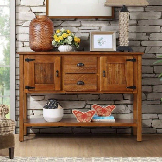 48 Solid Wood Sideboard Console Table with 2 Drawers and Cabinets and Bottom Shelf, Retro Style Storage Dining Buffet Server Cabinet Living Room Kitchen Dining RoomBrown