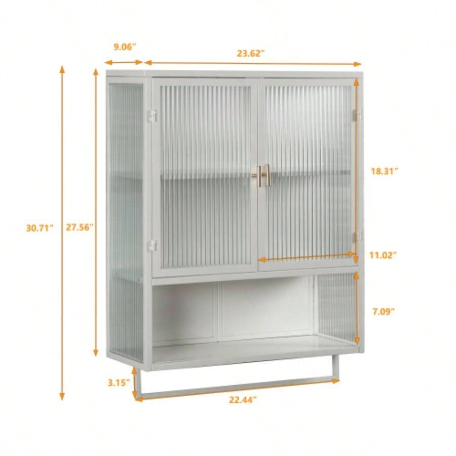 23.62Glass Doors Modern Two - door Wall Cabinet with Featuring Two - tier Enclosed Storage, an Open Shelf, and Towel Rack, Entryway Living Room Bathroom Dining Room