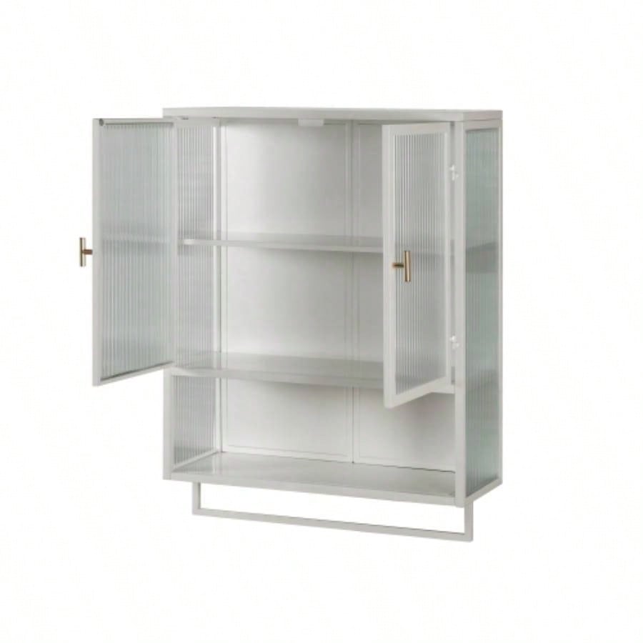 23.62Glass Doors Modern Two - door Wall Cabinet with Featuring Two - tier Enclosed Storage, an Open Shelf, and Towel Rack, Entryway Living Room Bathroom Dining Room