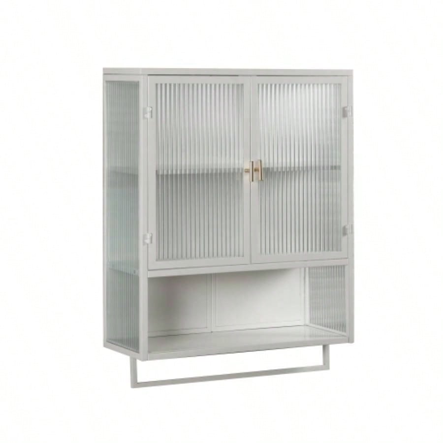 23.62Glass Doors Modern Two - door Wall Cabinet with Featuring Two - tier Enclosed Storage, an Open Shelf, and Towel Rack, Entryway Living Room Bathroom Dining Room