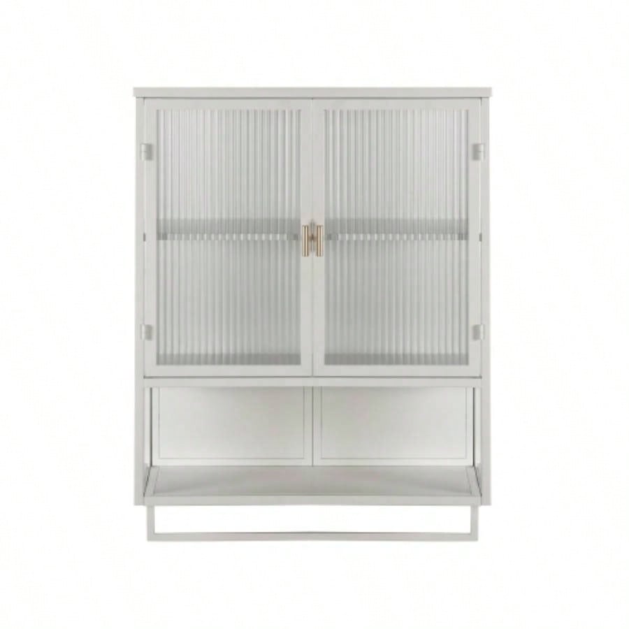 23.62Glass Doors Modern Two - door Wall Cabinet with Featuring Two - tier Enclosed Storage, an Open Shelf, and Towel Rack, Entryway Living Room Bathroom Dining Room