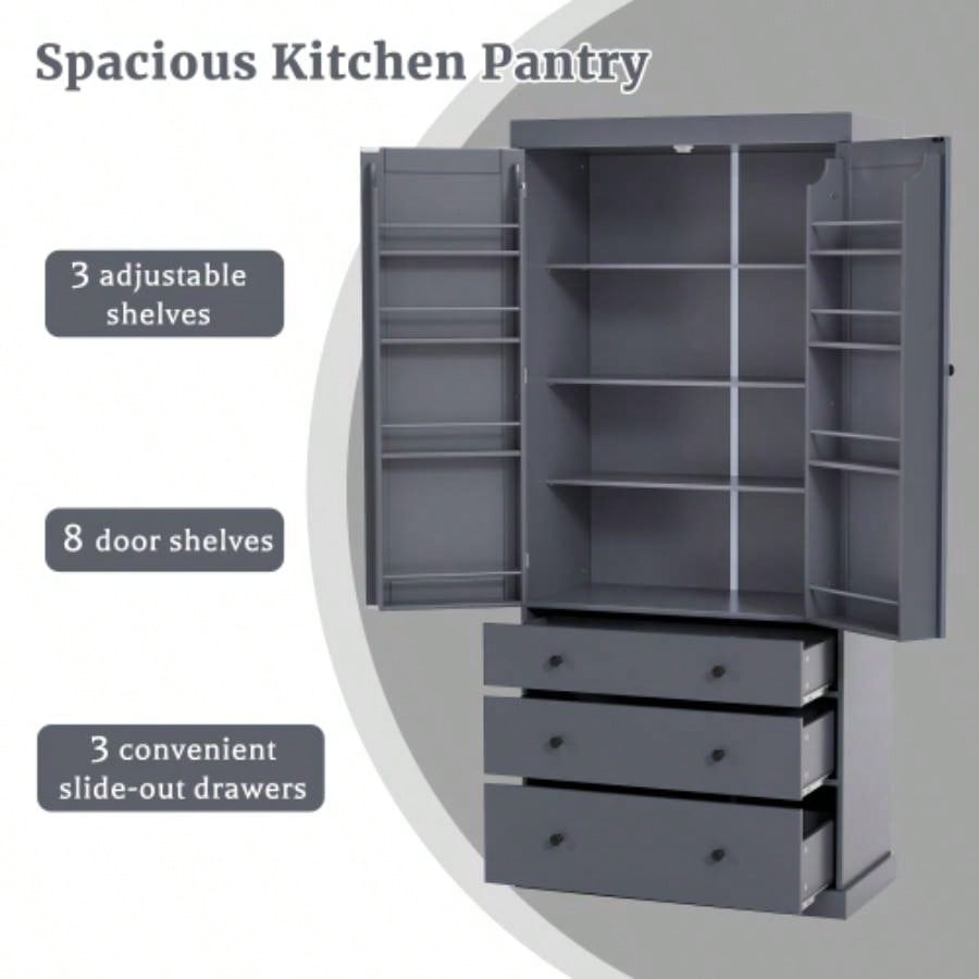Assembly Video ProvidedTOPMAX 77inch Farmhouse Kitchen Pantry, Freestanding Tall Cupboard Storage Cabinet with 3 Adjustable Shelves, 8 Door Shelves, 3 Drawers Kitchen, Dining Room, Gray
