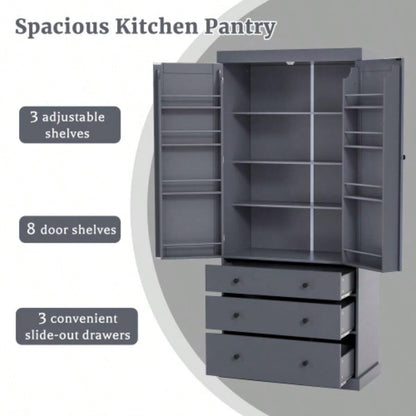 Assembly Video ProvidedTOPMAX 77inch Farmhouse Kitchen Pantry, Freestanding Tall Cupboard Storage Cabinet with 3 Adjustable Shelves, 8 Door Shelves, 3 Drawers Kitchen, Dining Room, Gray