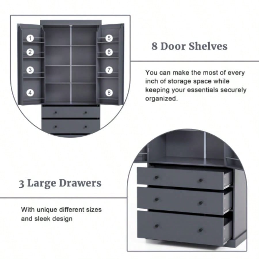 Assembly Video ProvidedTOPMAX 77inch Farmhouse Kitchen Pantry, Freestanding Tall Cupboard Storage Cabinet with 3 Adjustable Shelves, 8 Door Shelves, 3 Drawers Kitchen, Dining Room, Gray