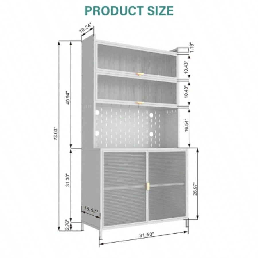 73 Tall Kitchen Pantry Cabinet, 6 Level Flip Door with Pegboard Metal Pantry Storage Cabinet, Anti - Tip Design Hutch Kitchen, Dining Room, Living Room White