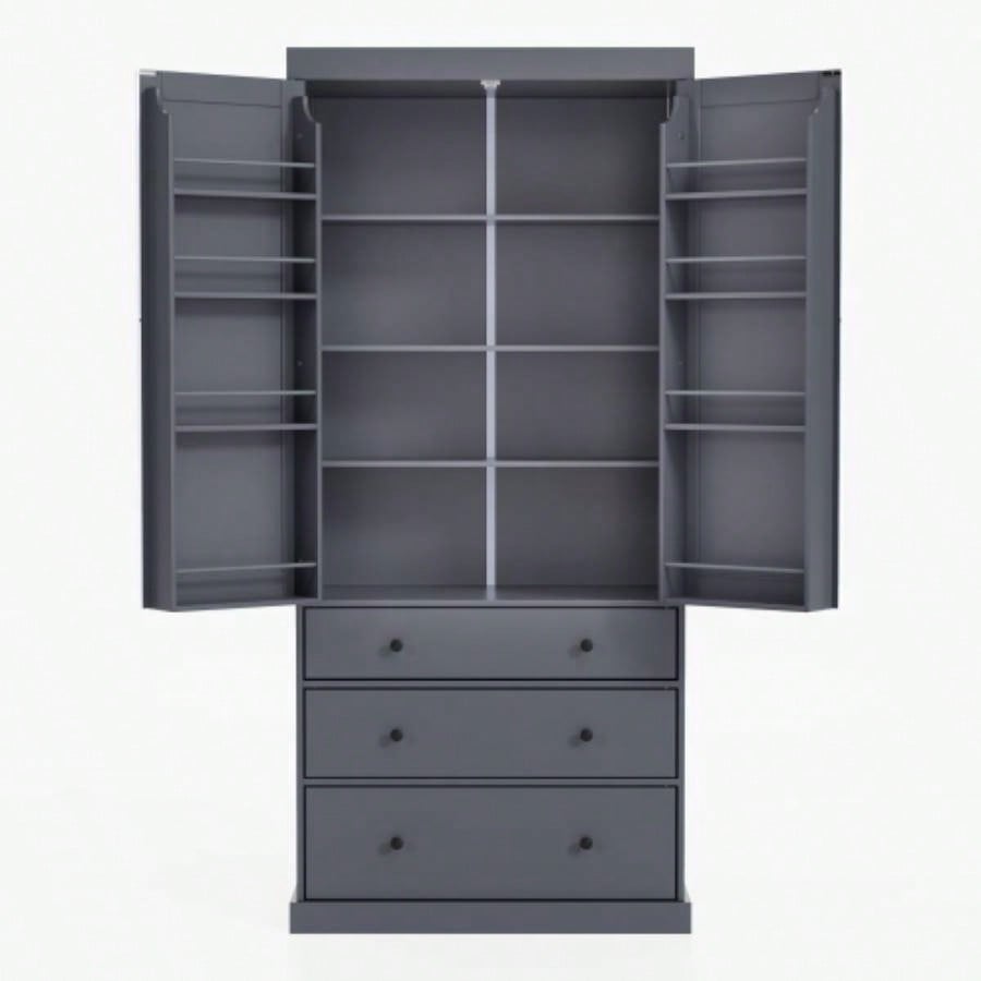 Assembly Video ProvidedTOPMAX 77inch Farmhouse Kitchen Pantry, Freestanding Tall Cupboard Storage Cabinet with 3 Adjustable Shelves, 8 Door Shelves, 3 Drawers Kitchen, Dining Room, Gray