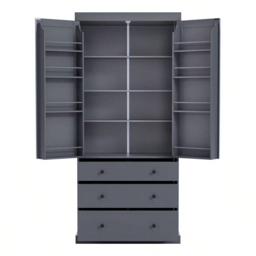 Assembly Video ProvidedTOPMAX 77inch Farmhouse Kitchen Pantry, Freestanding Tall Cupboard Storage Cabinet with 3 Adjustable Shelves, 8 Door Shelves, 3 Drawers Kitchen, Dining Room, Gray