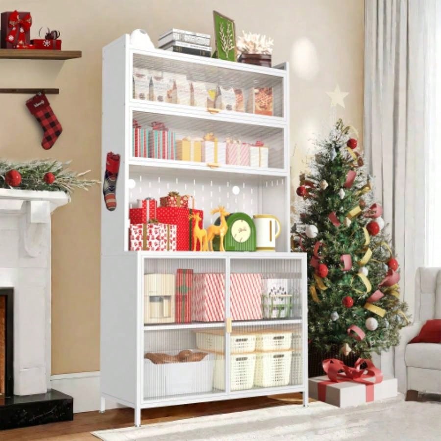 73 Tall Kitchen Pantry Cabinet, 6 Level Flip Door with Pegboard Metal Pantry Storage Cabinet, Anti - Tip Design Hutch Kitchen, Dining Room, Living Room White