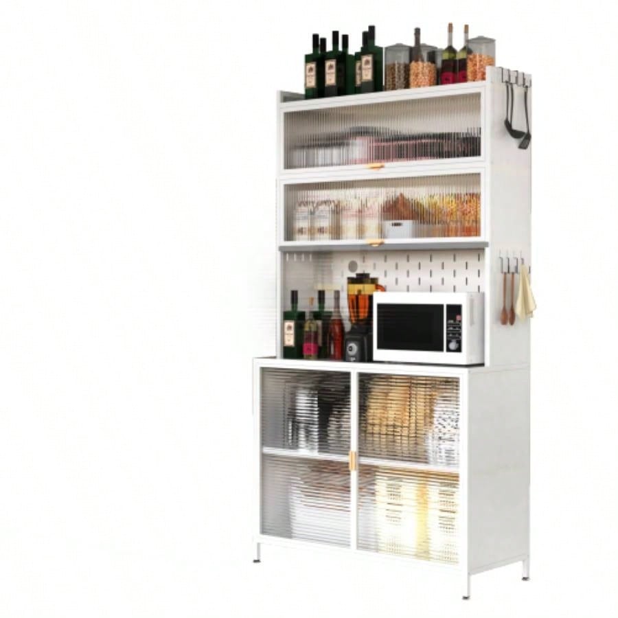 73 Tall Kitchen Pantry Cabinet, 6 Level Flip Door with Pegboard Metal Pantry Storage Cabinet, Anti - Tip Design Hutch Kitchen, Dining Room, Living Room White