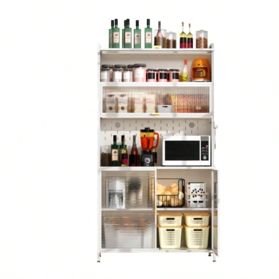 73 Tall Kitchen Pantry Cabinet, 6 Level Flip Door with Pegboard Metal Pantry Storage Cabinet, Anti - Tip Design Hutch Kitchen, Dining Room, Living Room White