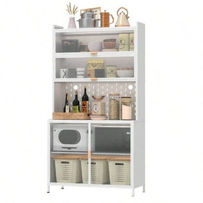 73 Tall Kitchen Pantry Cabinet, 6 Level Flip Door with Pegboard Metal Pantry Storage Cabinet, Anti - Tip Design Hutch Kitchen, Dining Room, Living Room White