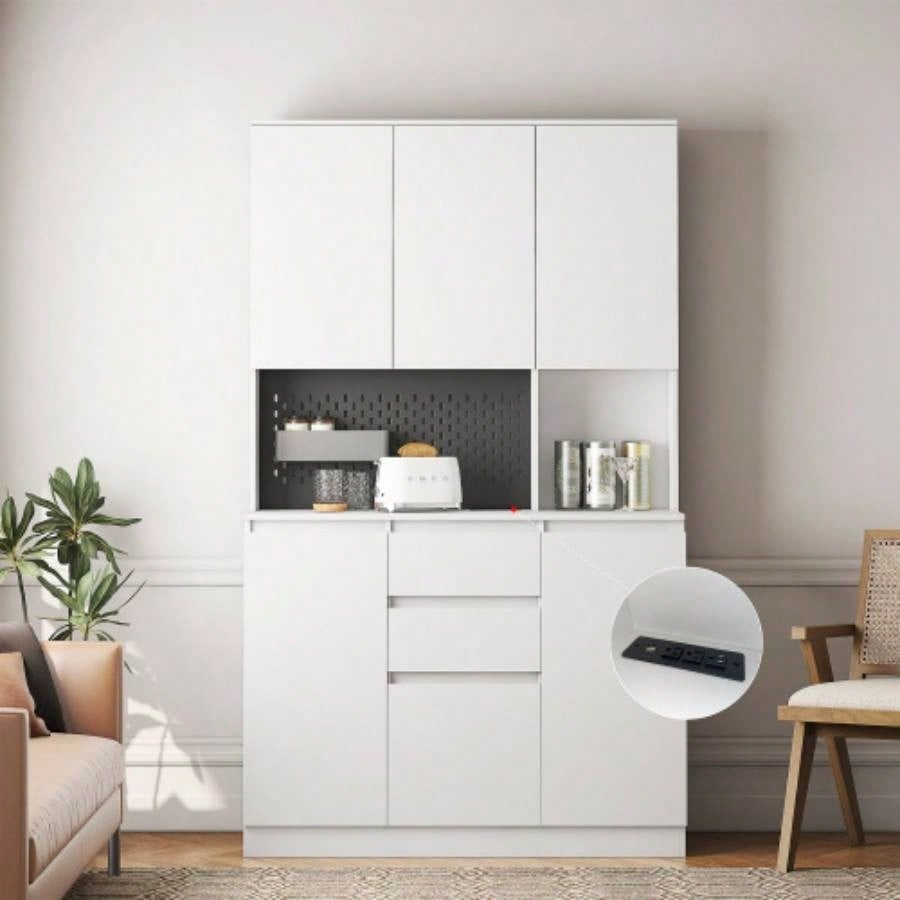 74 Kitchen Pantry Cabinet with Charging Station, Freestanding Buffet Cupboards Sideboard with Drawer, Modern Pantry Cabinet with Microwave Stand Kitchen, Living Room, Dinning Room