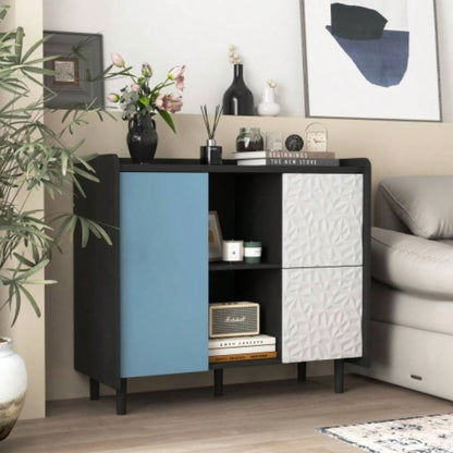 Sideboard Buffet Cabinet, Black Storage Cabinet with Red Doors, 2 Drawers with unique panel styling and 2 Open Storage Compartment, Modern Coffee Bar Cabinet Accent Cabinet Kitchen, Dining Room,