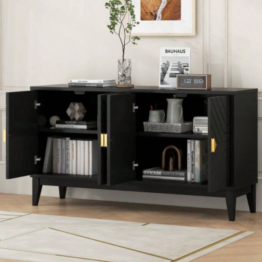 4 - Door Sideboard Storage Cabinet Living Room and Dining Room, Two Large Cabinets with Gold Handles and Adjustable Shelf, Black