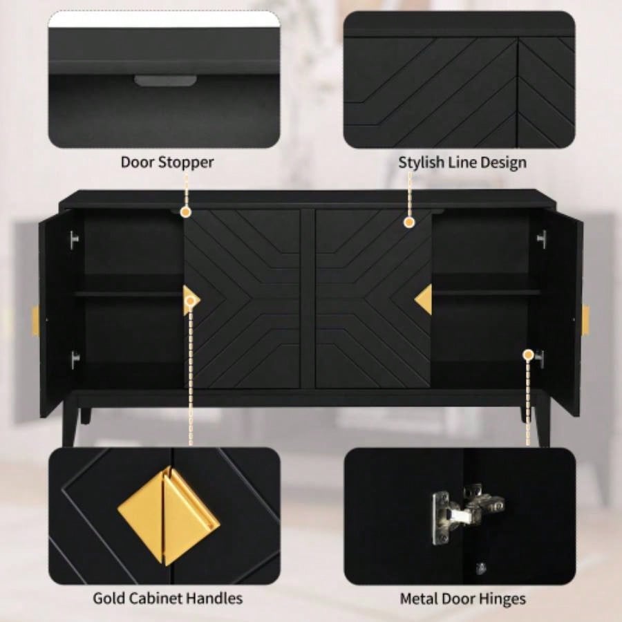 4 - Door Sideboard Storage Cabinet Living Room and Dining Room, Two Large Cabinets with Gold Handles and Adjustable Shelf, Black