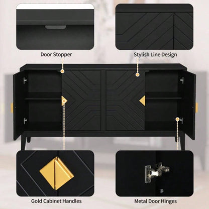 4 - Door Sideboard Storage Cabinet Living Room and Dining Room, Two Large Cabinets with Gold Handles and Adjustable Shelf, Black