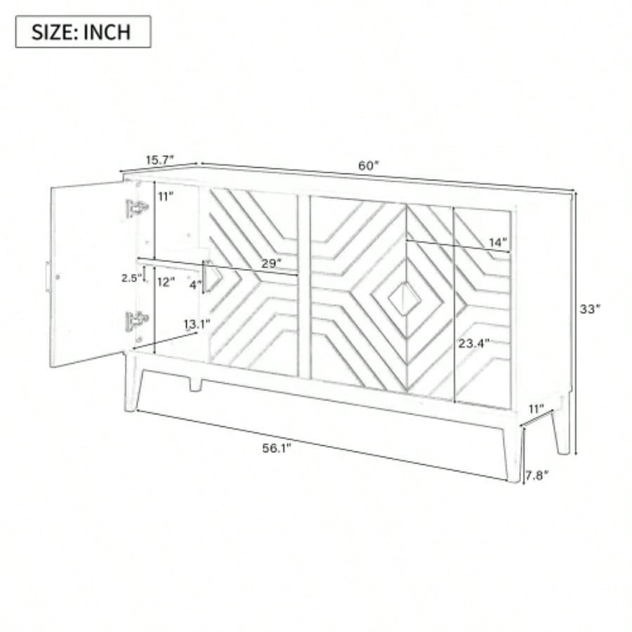 4 - Door Sideboard Storage Cabinet Living Room and Dining Room, Two Large Cabinets with Gold Handles and Adjustable Shelf, Black