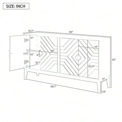 4 - Door Sideboard Storage Cabinet Living Room and Dining Room, Two Large Cabinets with Gold Handles and Adjustable Shelf, Black