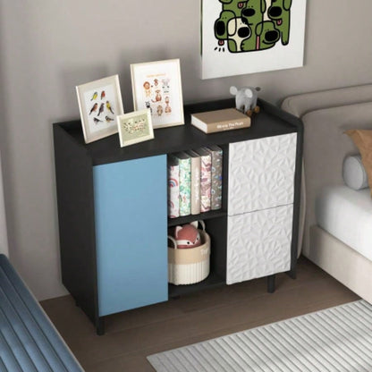 Sideboard Buffet Cabinet, Black Storage Cabinet with Red Doors, 2 Drawers with unique panel styling and 2 Open Storage Compartment, Modern Coffee Bar Cabinet Accent Cabinet Kitchen, Dining Room,