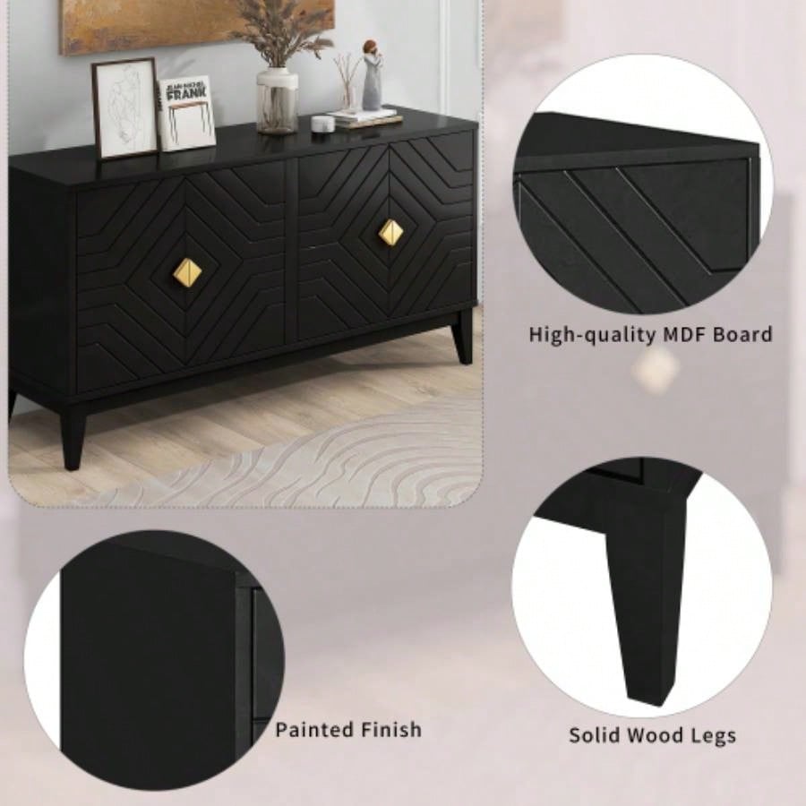 4 - Door Sideboard Storage Cabinet Living Room and Dining Room, Two Large Cabinets with Gold Handles and Adjustable Shelf, Black