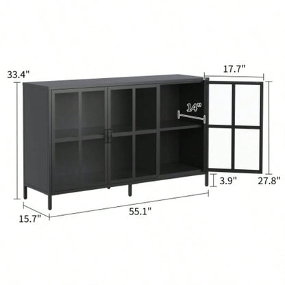 Heavy Duty Metal Modern Sideboard Buffet Cabinet with Storage Premium Steel Storage Cabinet, Adjustable Feet, Glass Doors, Large Capacity Organizer Living Room, Bed Room, Dining Room