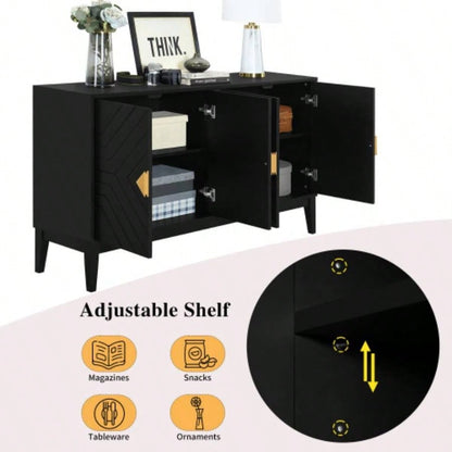 4 - Door Sideboard Storage Cabinet Living Room and Dining Room, Two Large Cabinets with Gold Handles and Adjustable Shelf, Black