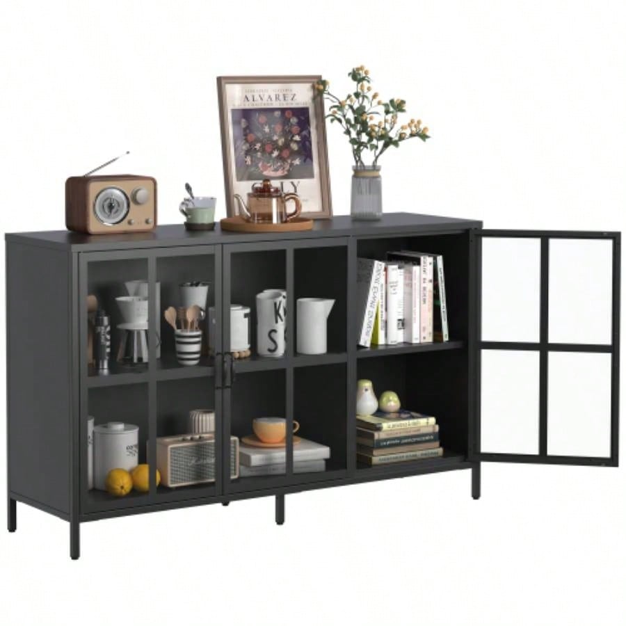 Heavy Duty Metal Modern Sideboard Buffet Cabinet with Storage Premium Steel Storage Cabinet, Adjustable Feet, Glass Doors, Large Capacity Organizer Living Room, Bed Room, Dining Room