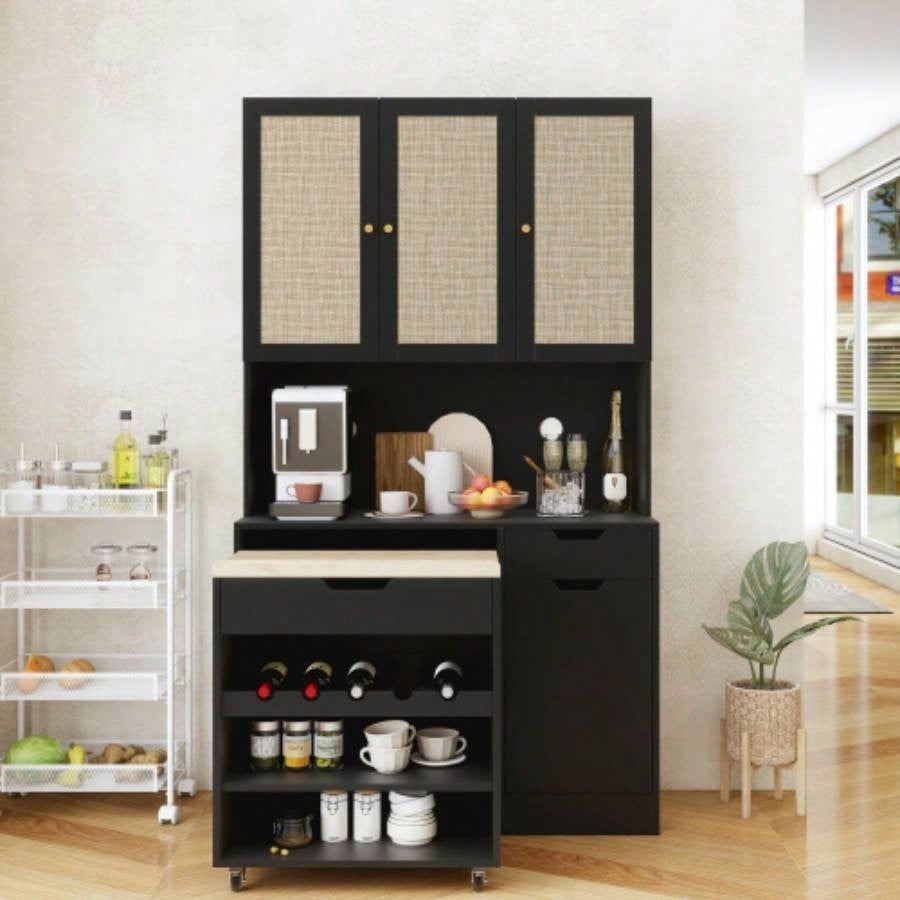 69.29 Kitchen Pantry Storage Cabinet, Modern Buffet Cabinet with Kitchen Cart, Tall Kitchen Hutch Cabinet with Microwave Stand, Food Pantry Cabinet with 3 Rattan Doors and Adjustable Shelves, Black