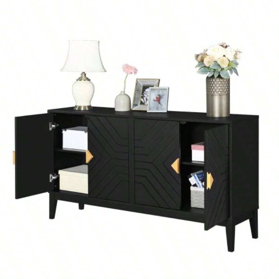 4 - Door Sideboard Storage Cabinet Living Room and Dining Room, Two Large Cabinets with Gold Handles and Adjustable Shelf, Black