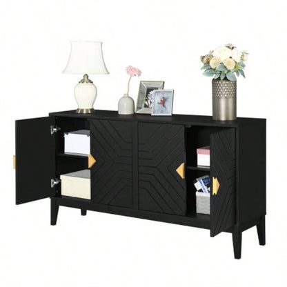 4 - Door Sideboard Storage Cabinet Living Room and Dining Room, Two Large Cabinets with Gold Handles and Adjustable Shelf, Black