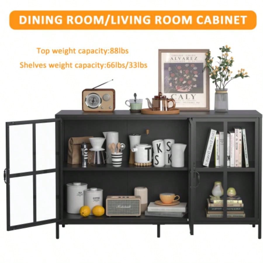 Heavy Duty Metal Modern Sideboard Buffet Cabinet with Storage Premium Steel Storage Cabinet, Adjustable Feet, Glass Doors, Large Capacity Organizer Living Room, Bed Room, Dining Room