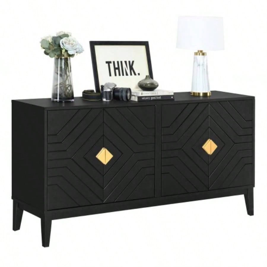 4 - Door Sideboard Storage Cabinet Living Room and Dining Room, Two Large Cabinets with Gold Handles and Adjustable Shelf, Black