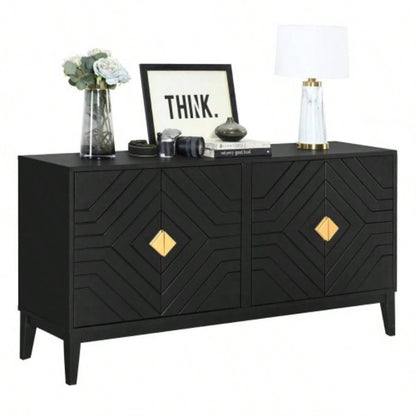 4 - Door Sideboard Storage Cabinet Living Room and Dining Room, Two Large Cabinets with Gold Handles and Adjustable Shelf, Black